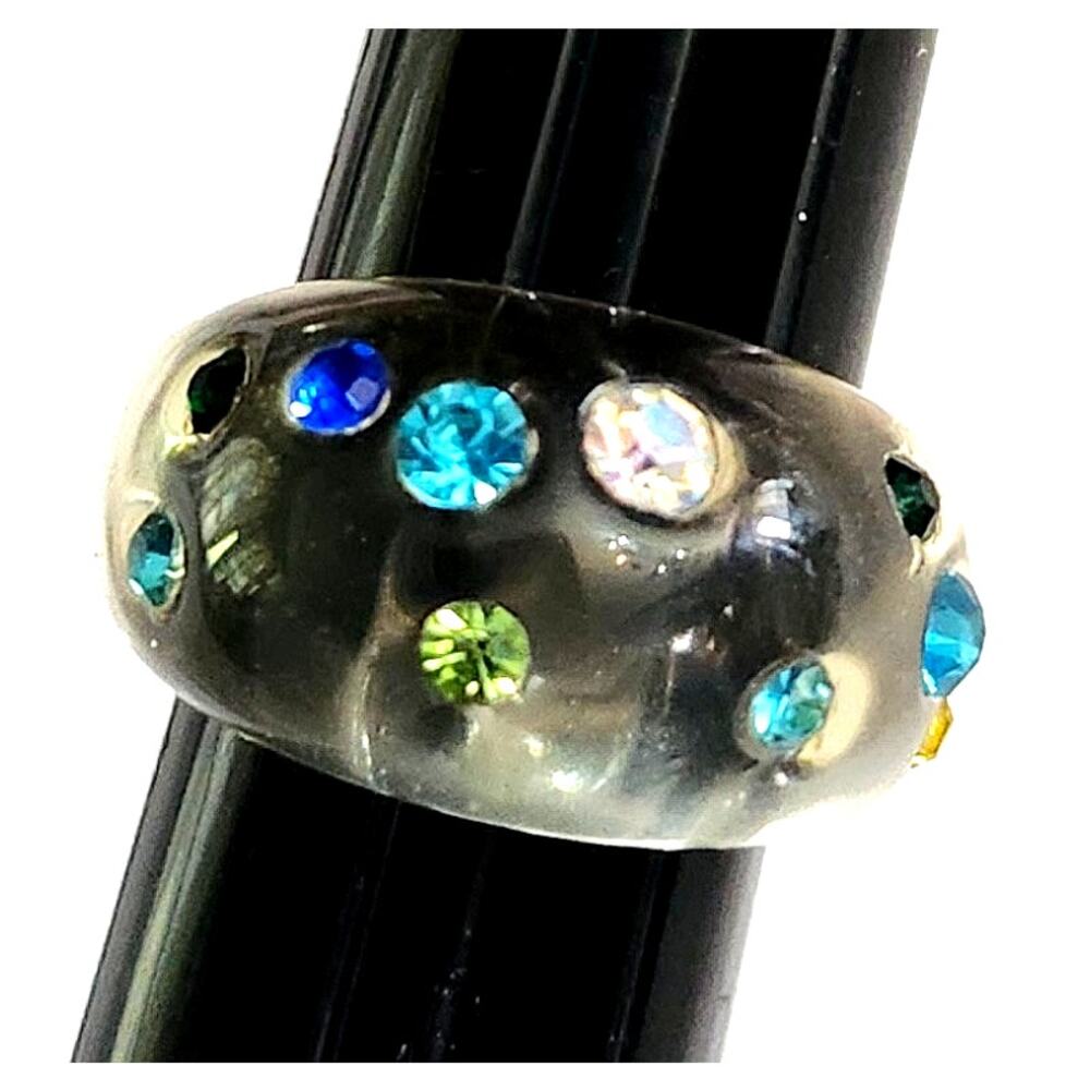 Vtg Clear Dome Rhinestone  Mid Century Mod MCM Lucite Ring Size 8.5